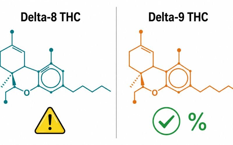 Visual comparison chart showing Delta-8 THC and Delta-9 THC molecular structures and legal status indicators