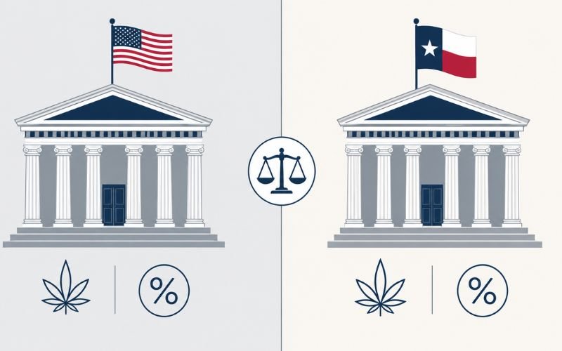 Infographic comparing federal hemp law and Texas state hemp law side by side