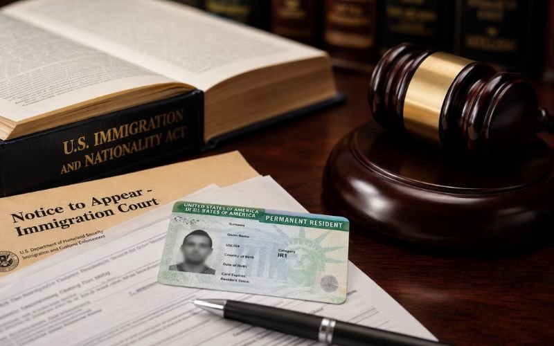 Immigration law books, green card, and court documents representing INA Section 237 deportation grounds for lawful permanent residents