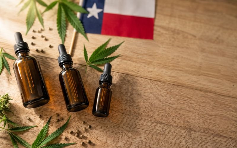 Is CBD Legal in Texas? CBD oil bottles and hemp leaves with Texas flag in background
