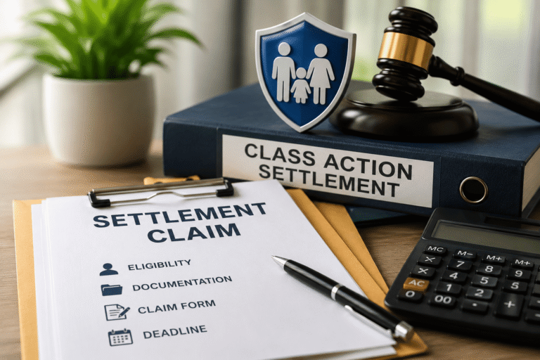 Class action settlement claim documents showing eligibility requirements, claim forms, deadlines, and consumer compensation information related to an insurance lawsuit settlement.