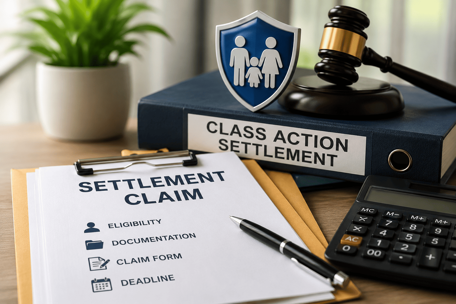 Class action settlement claim documents showing eligibility requirements, claim forms, deadlines, and consumer compensation information related to an insurance lawsuit settlement.