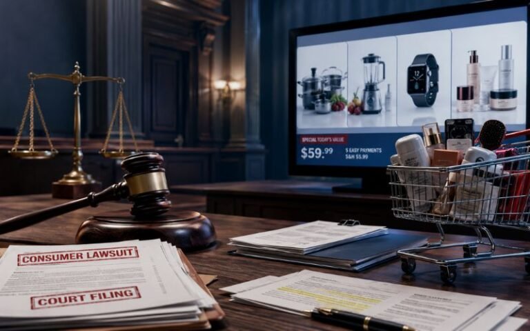 Anthony Mark Haskins lawsuit against QVC featured courtroom illustration showing consumer lawsuit documents and television shopping concept.