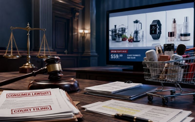 Anthony Mark Haskins lawsuit against QVC featured courtroom illustration showing consumer lawsuit documents and television shopping concept.