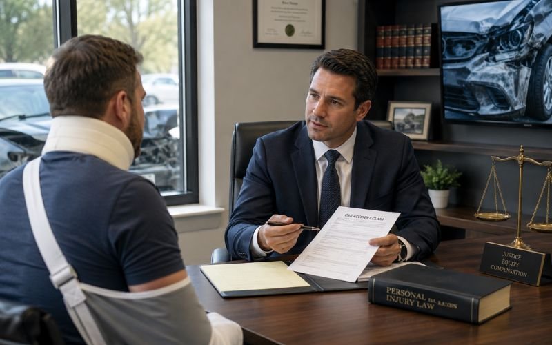 best Car accident lawyer discussing an injury claim with a client in a professional law office