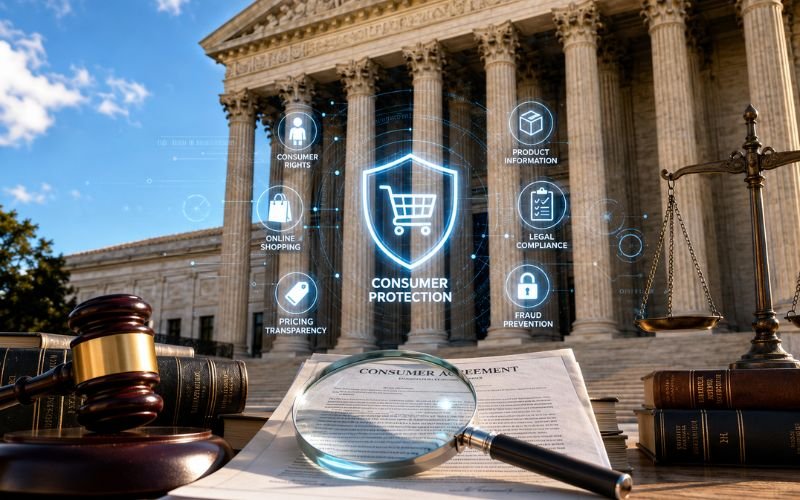 Consumer protection lawsuit illustration with courthouse and legal documents.