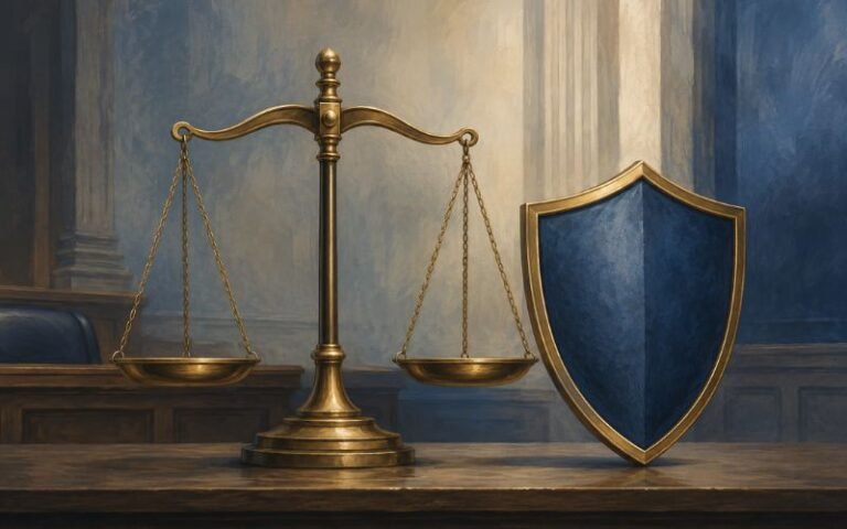 Criminal defense attorney explaining scale of justice and shield symbolizing constitutional rights