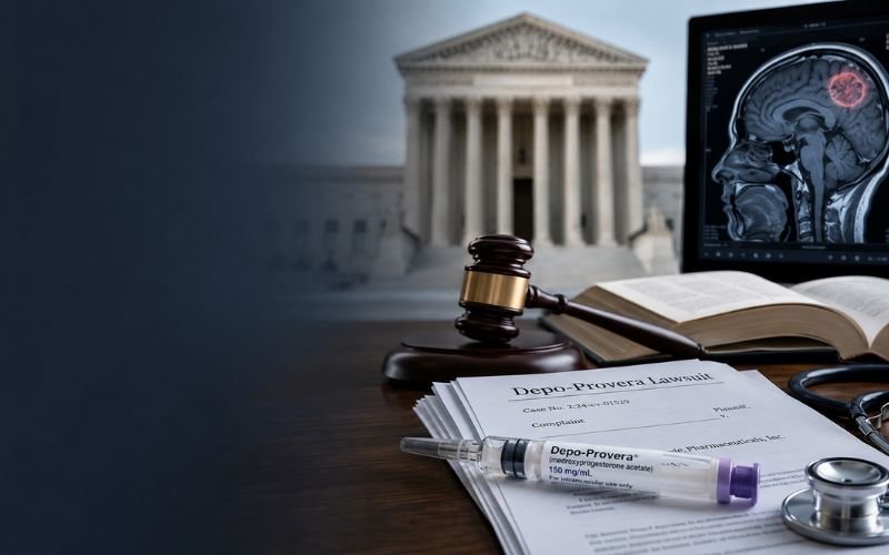 Depo-Provera injection syringe beside legal documents, judge's gavel, courthouse, and brain MRI representing the ongoing Depo-Provera lawsuit.