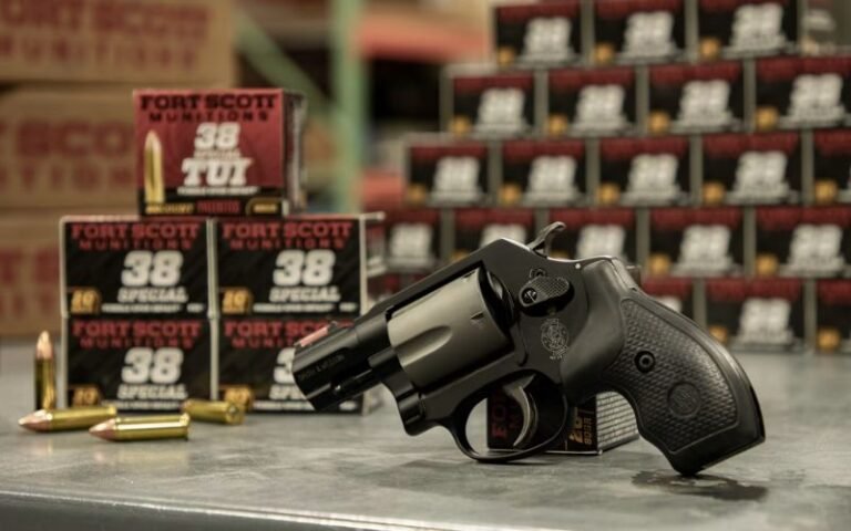Revolver next to boxes laws of Fort Scott Munitions .38 Special ammunition on display