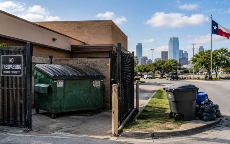 Is dumpster diving illegal in Texas? Commercial dumpster behind a fenced business compared with curbside trash for municipal pickup.