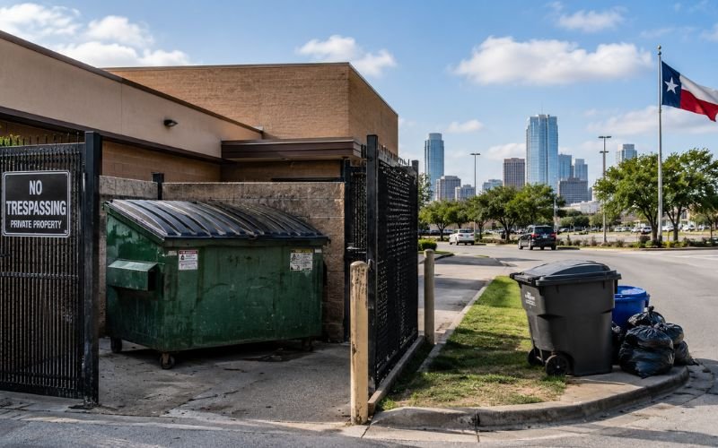 Is dumpster diving illegal in Texas? Commercial dumpster behind a fenced business compared with curbside trash for municipal pickup.