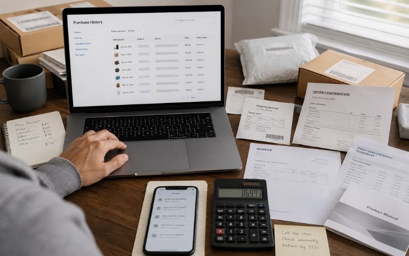 Consumer reviewing online purchase records and receipts during a lawsuit.