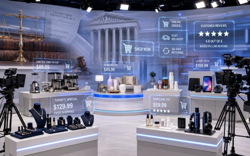 Television shopping studio illustrating consumer lawsuit and retail advertising practices.