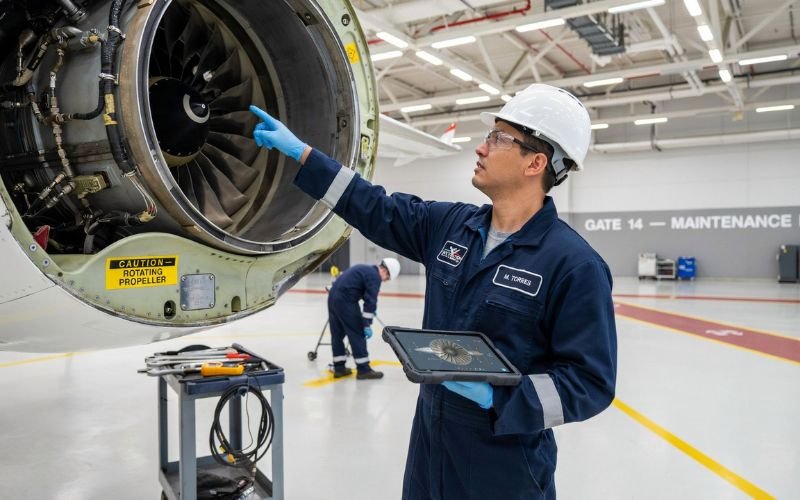 Aircraft technician inspecting a commercial jet engine inside a maintenance hangar.