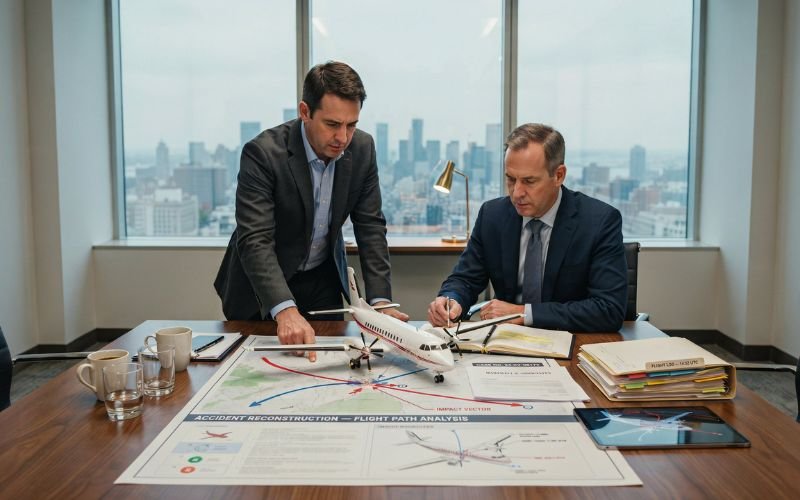 Aviation expert and attorney analyzing 3D accident reconstruction data on a conference table.