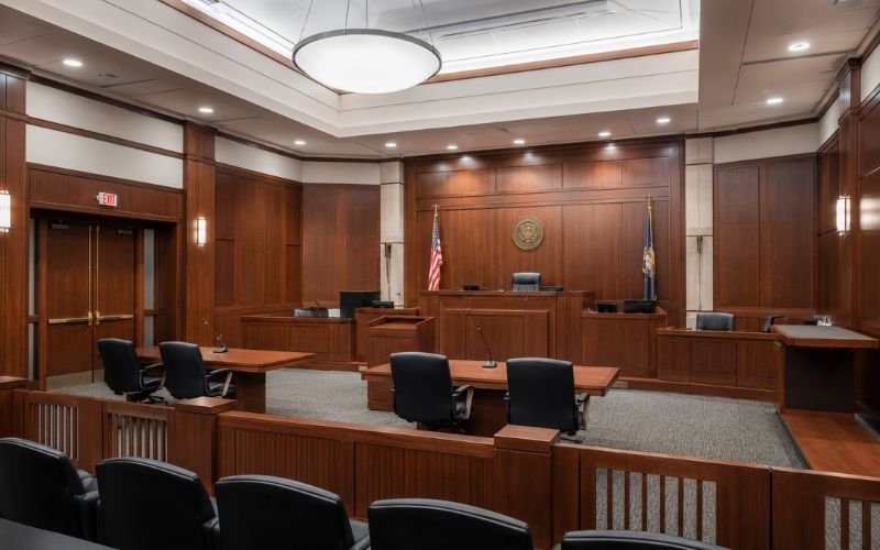 Empty criminal courtroom representing the defense attorney cost to represent a client in court