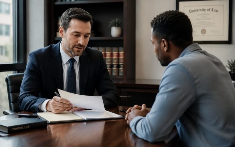 Criminal defense lawyer cost discussion between an attorney and a client regarding legal fees in a modern office office setting