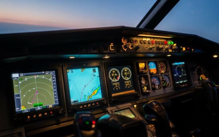 Illuminated commercial airplane cockpit screens showing flight data and evidence needed for aviation case discovery.