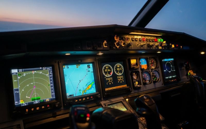 Illuminated commercial airplane cockpit screens showing flight data and evidence needed for aviation case discovery.