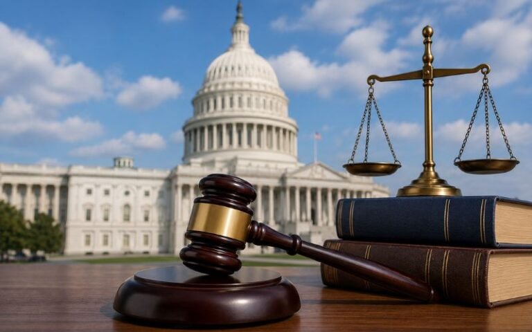 Gavel and scales of justice with the U.S. Capitol