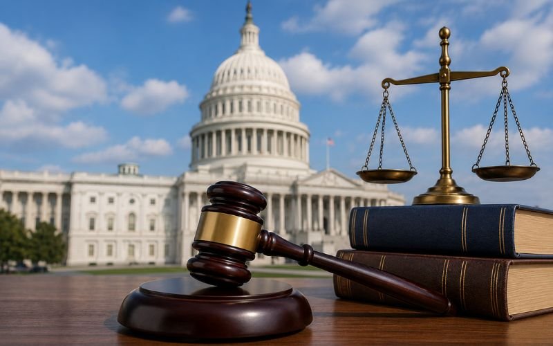 Gavel and scales of justice with the U.S. Capitol