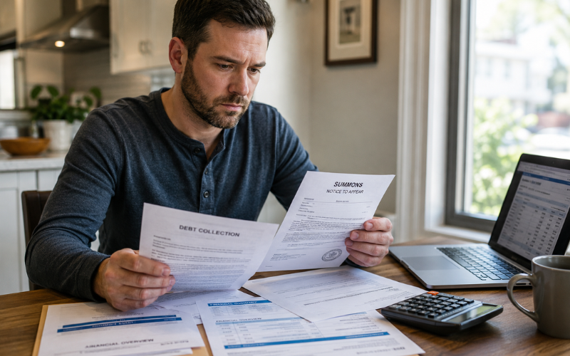 Person reviewing documents after receiving a debt collection notice from Mandarich Law Group.