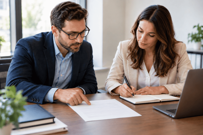 Two business professionals reviewing a contract document to resolve a dispute